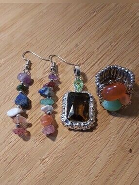 Multi-Gemstone Drop Earrings and Smoky Quartz Pendant Set - Silver Tone